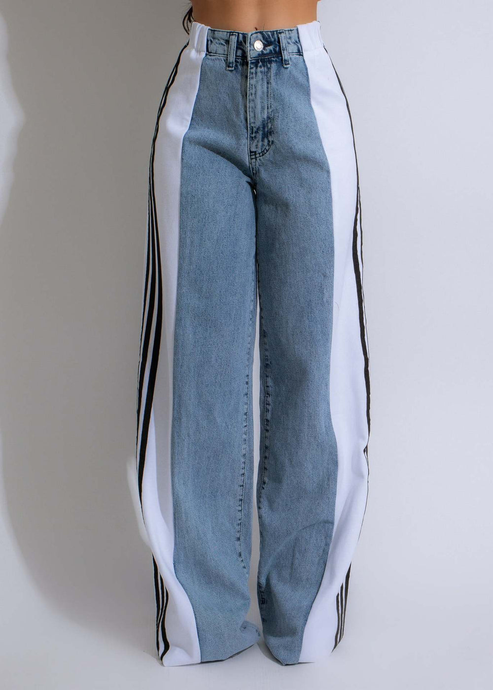 Trendy High Waist Elastic Straight Leg Denim Pants with Three Stripe Patchwork for Casual Streetwear