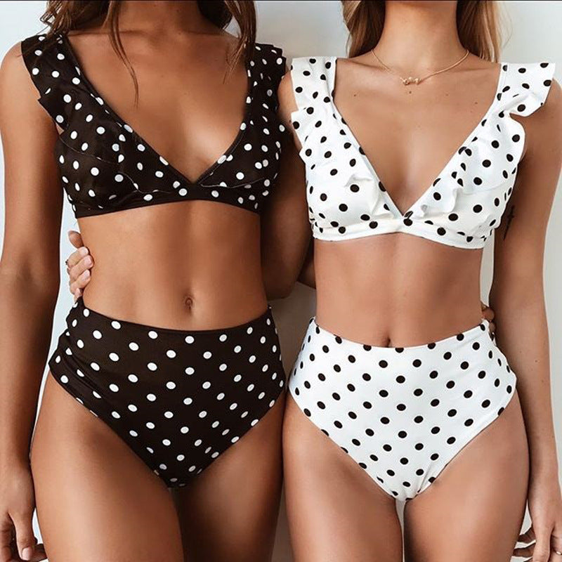 Ruffled Black And White Polka Dot Bikini Set for Women - Stylish Deep V-neck Swimsuit, Ideal for Summer Beach Parties