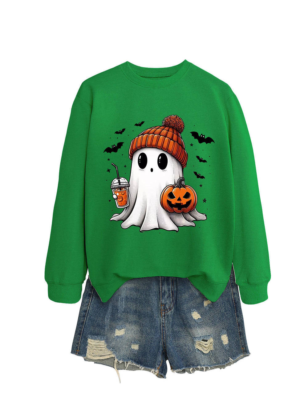 Cozy Long Sleeve Pumpkin Bat Print Crew Neck Sweatshirt in Multiple Colors