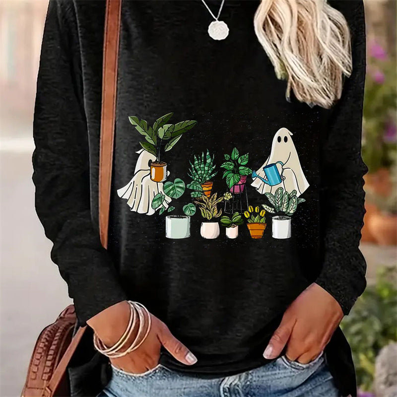 Casual Printed Round Neck Long Sleeve T-Shirt for Women in Spring and Autumn