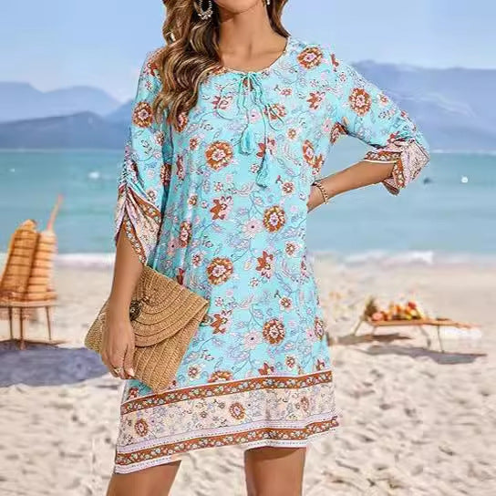 Floral A-Line Dress with Slit Hem and Tassel Accents