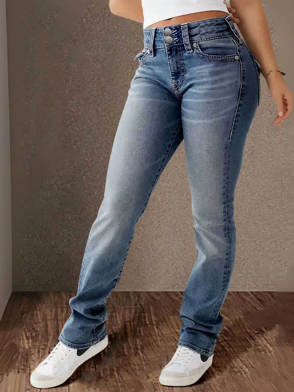 Damen Jeans mit hoher Taille und Stretch-Denim für Frühling und Sommer – lässiges, leicht gewaschenes Design