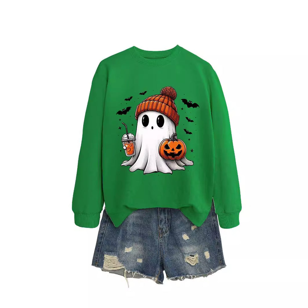 Cozy Long Sleeve Pumpkin Bat Print Crew Neck Sweatshirt in Multiple Colors