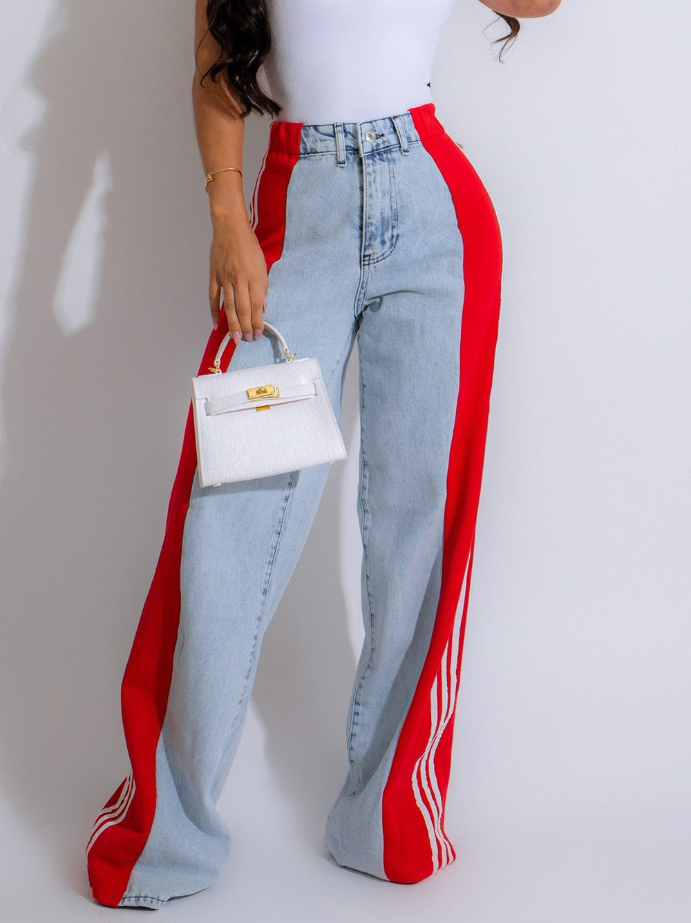 Trendy High Waist Elastic Straight Leg Denim Pants with Three Stripe Patchwork for Casual Streetwear