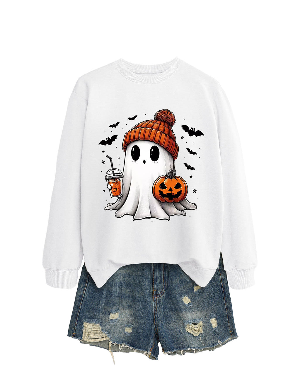 Cozy Long Sleeve Pumpkin Bat Print Crew Neck Sweatshirt in Multiple Colors