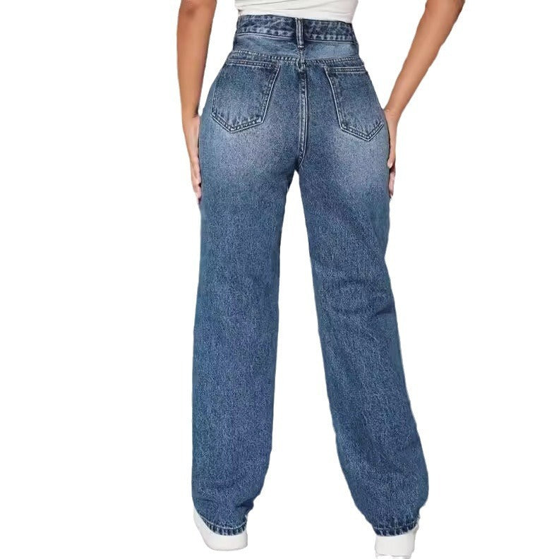 Trendy High-Waisted Ripped Straight-Leg Jeans for Women