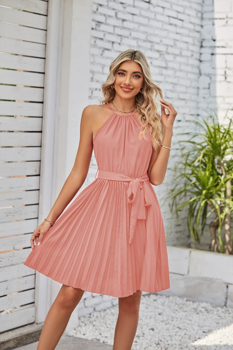 Hanging Neck Midi Dresses with Pleated Skirt for Women - Solid Color Summer Sundress