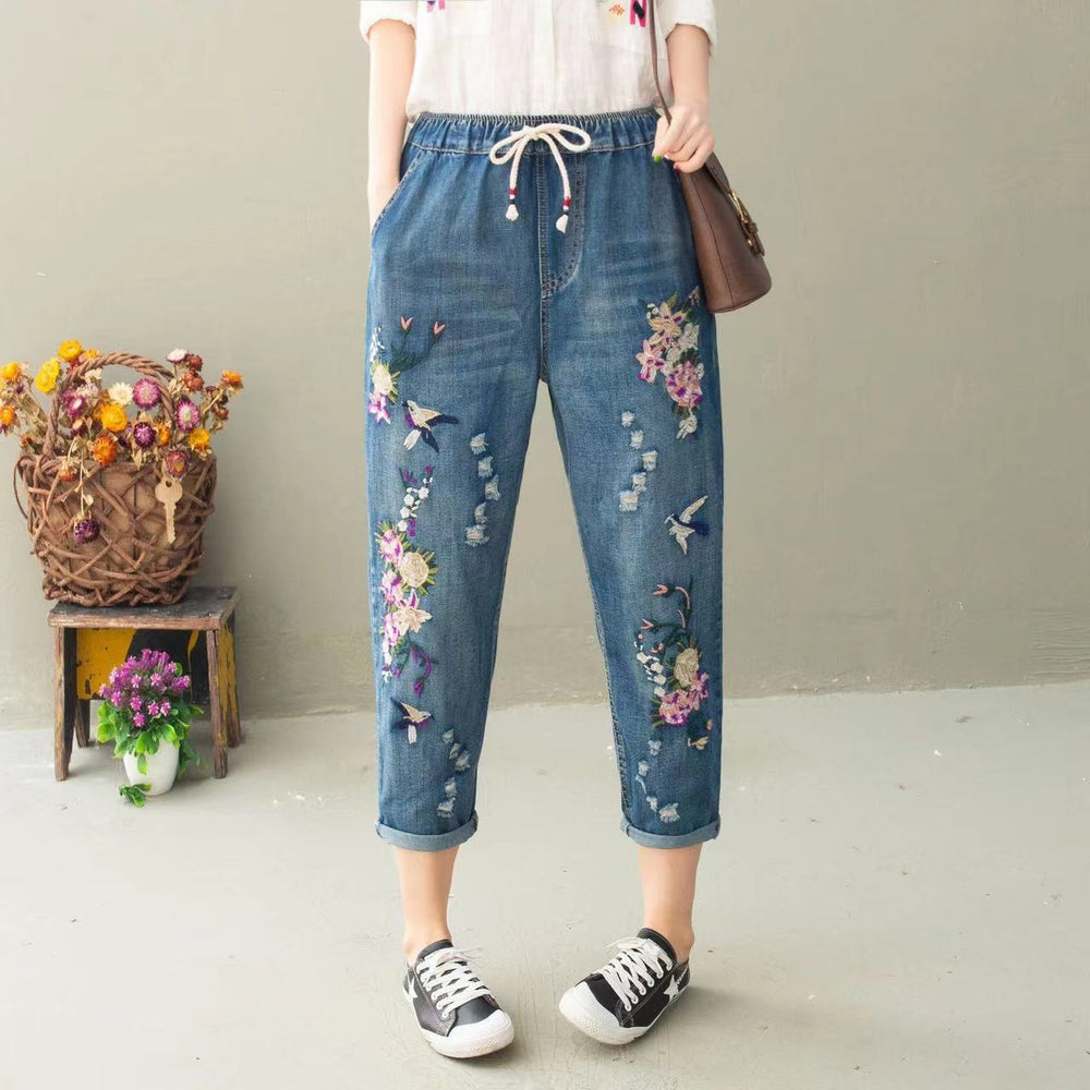 Chic High-Waisted Loose Fit Cropped Denim Jeans for Women