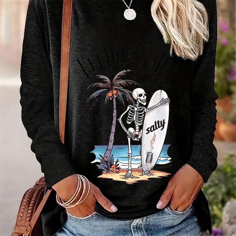 Casual Round Neck Long Sleeve T-shirt for Women with Simple Spring and Autumn Patterns