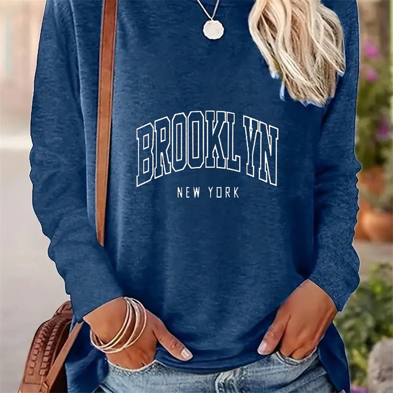 Casual Round Neck Long Sleeve T-shirt for Women with Simple Spring and Autumn Patterns