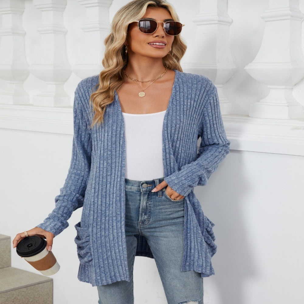 Cardigan versatile in maglia con tasca a maniche lunghe in tinta unita