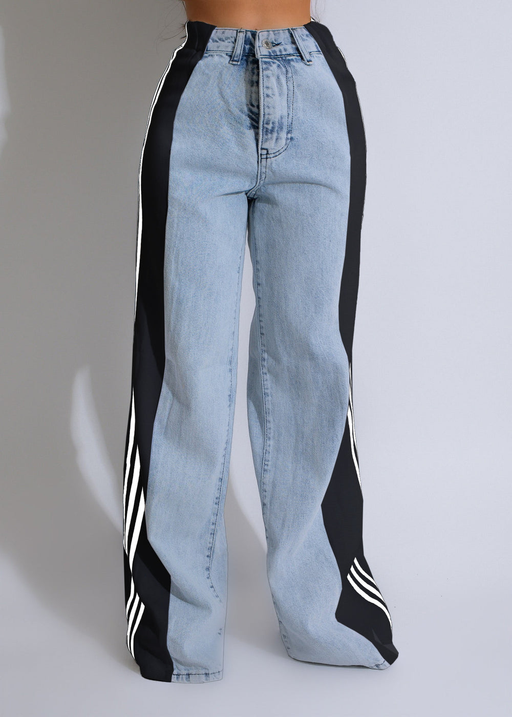 Trendy High Waist Elastic Straight Leg Denim Pants with Three Stripe Patchwork for Casual Streetwear