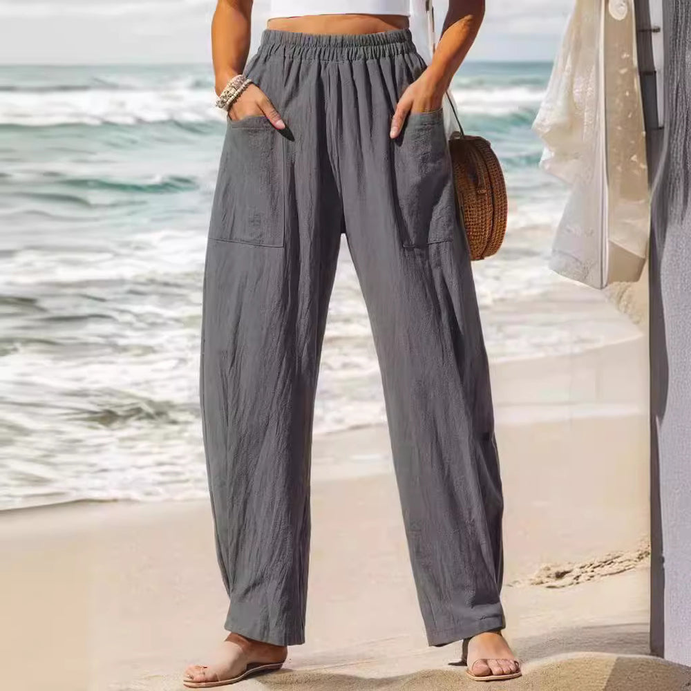 Pantaloni dritti casual da vacanza in cotone e lino da donna alla moda