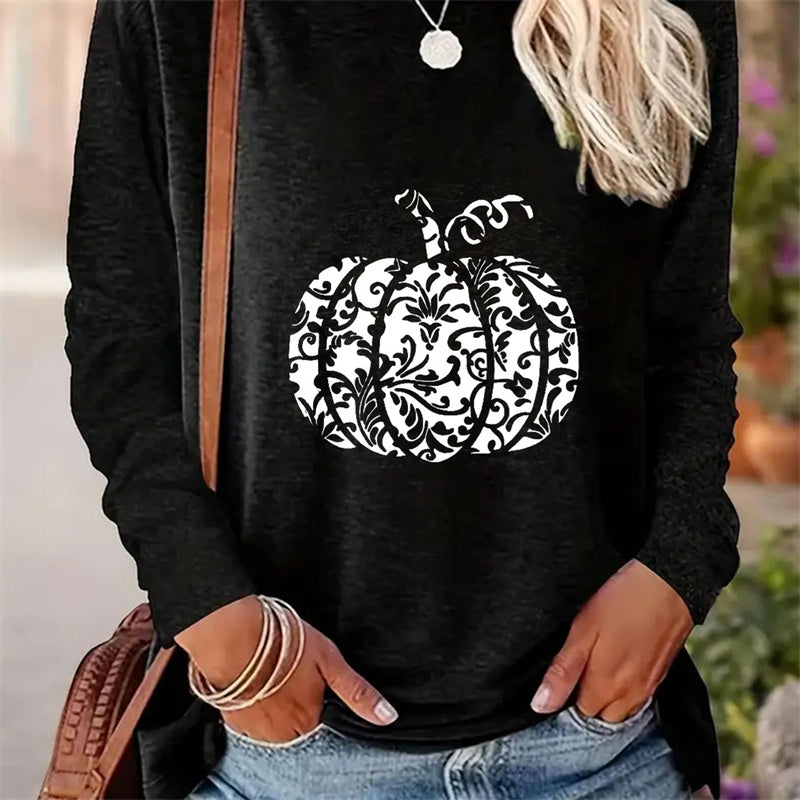 Casual Printed Round Neck Long Sleeve T-shirt for Women in Spring and Autumn