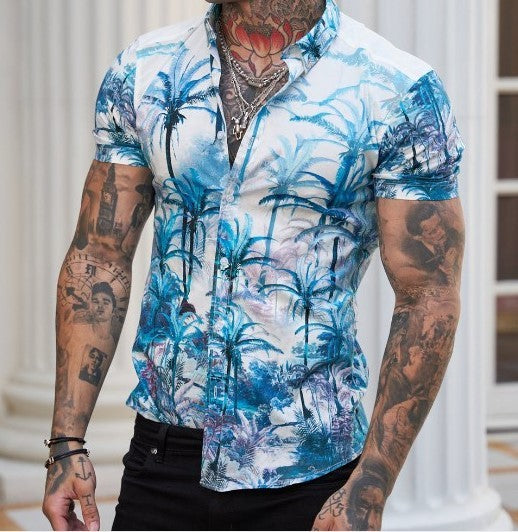 Tropical Floral Print Men's Aloha Shirt with Short Sleeves