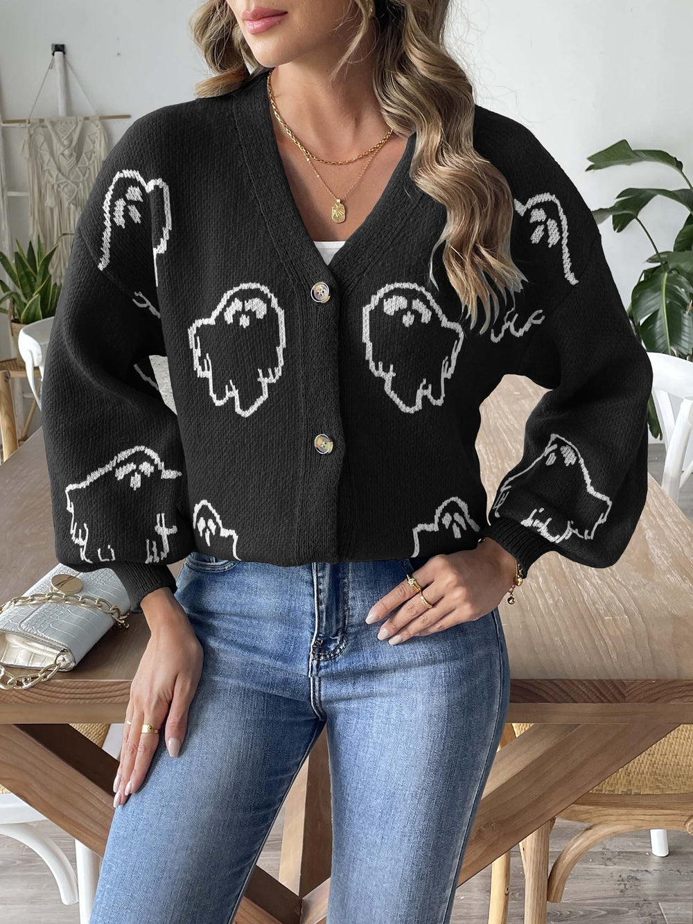 Spooky Chic Damen Lässiger Cardigan mit Knopfleiste