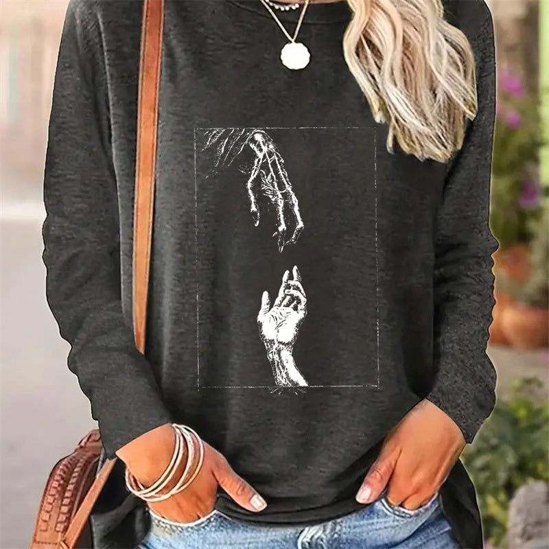 Casual Printed Long Sleeve Round Neck T-shirt for Women - Spring and Autumn Collection