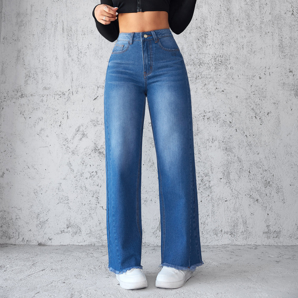 Chic High-Waisted Wide-Leg Denim Jeans for Women - Casual Non-Elastic Style