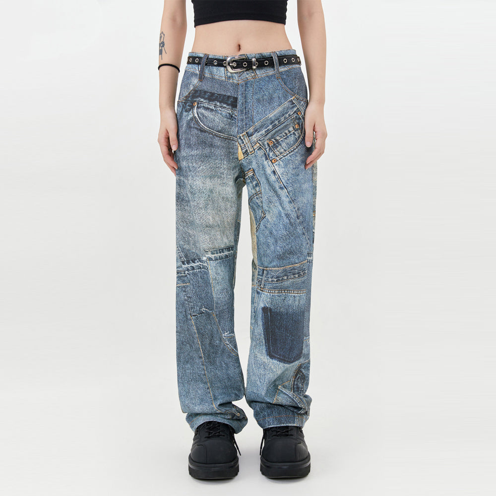 Youthful Blue Denim Casual Trousers with Digital Print