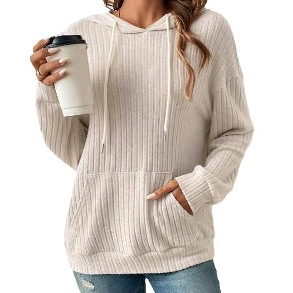 Chic Long-Sleeve Hooded Sweatshirt with Pockets - Solid Color Knitwear for Women