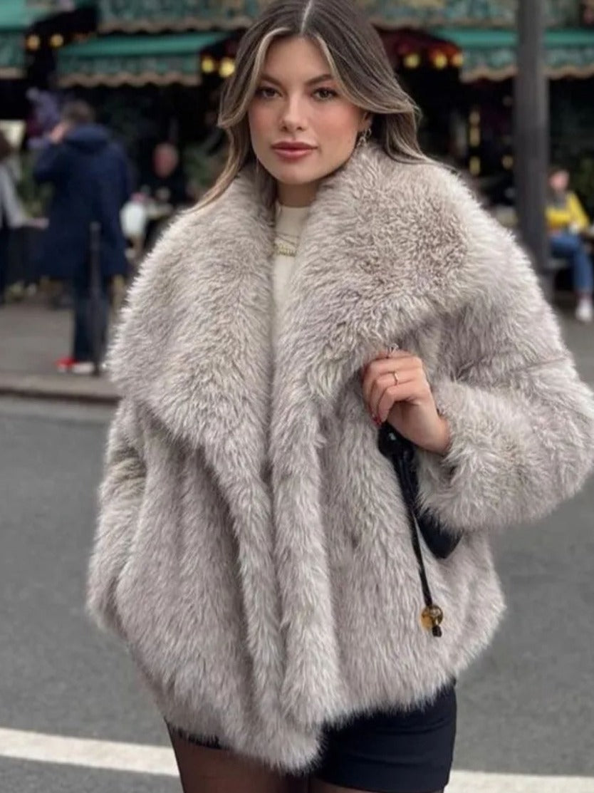 Elegante cappotto invernale in peluche per donna - Capispalla casual a maniche lunghe con risvolto spesso