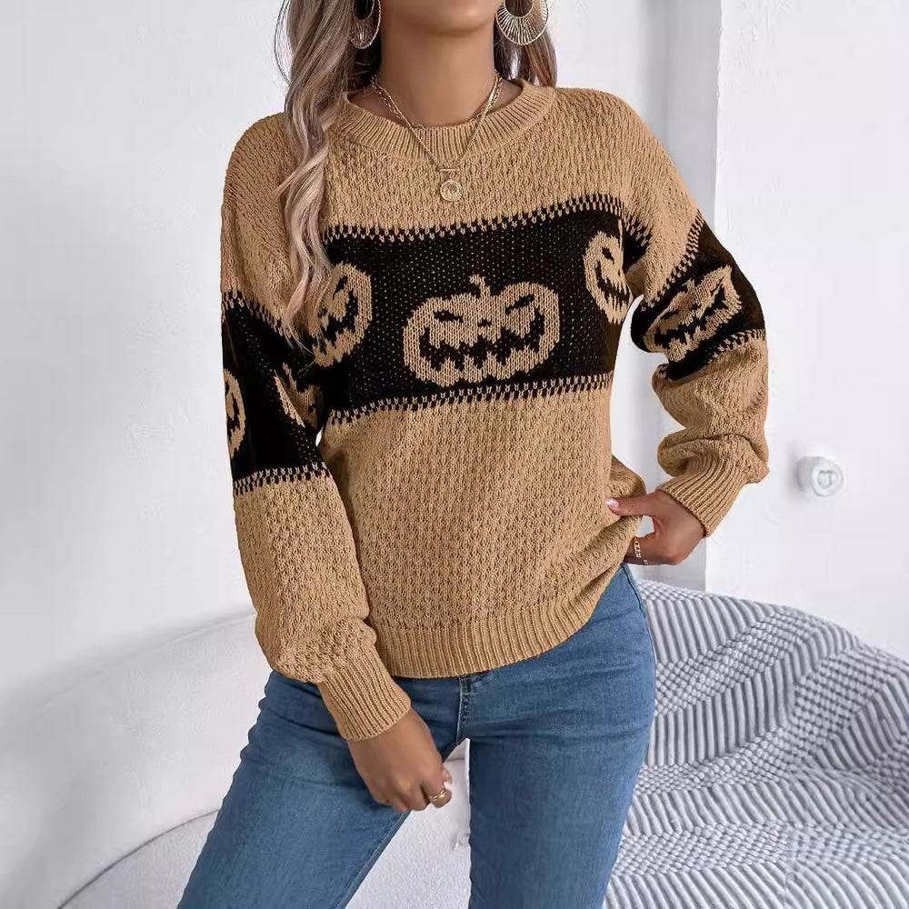 Pumpkin Print Knitted Pullover Sweater for Women - Long Sleeve Fashion Top