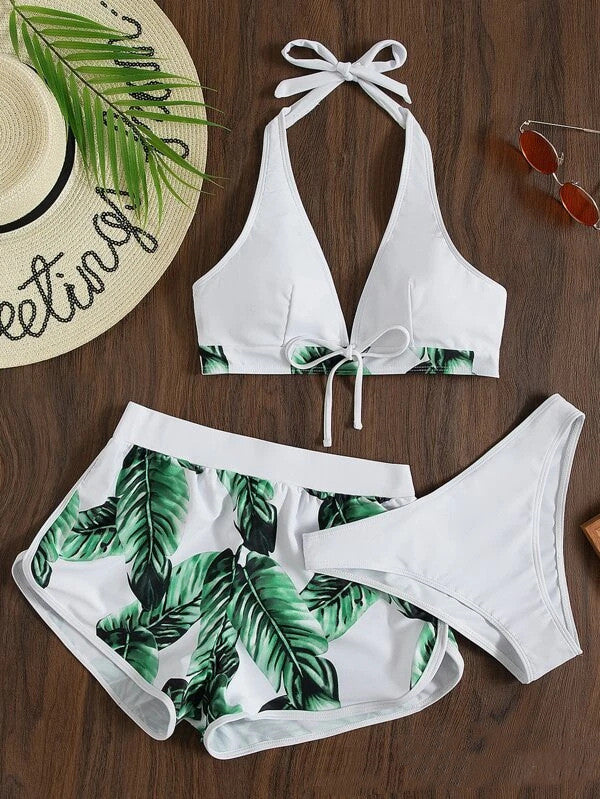 Tropical Paradise Bikini Set with Matching Shorts for Women's Summer Swimwear