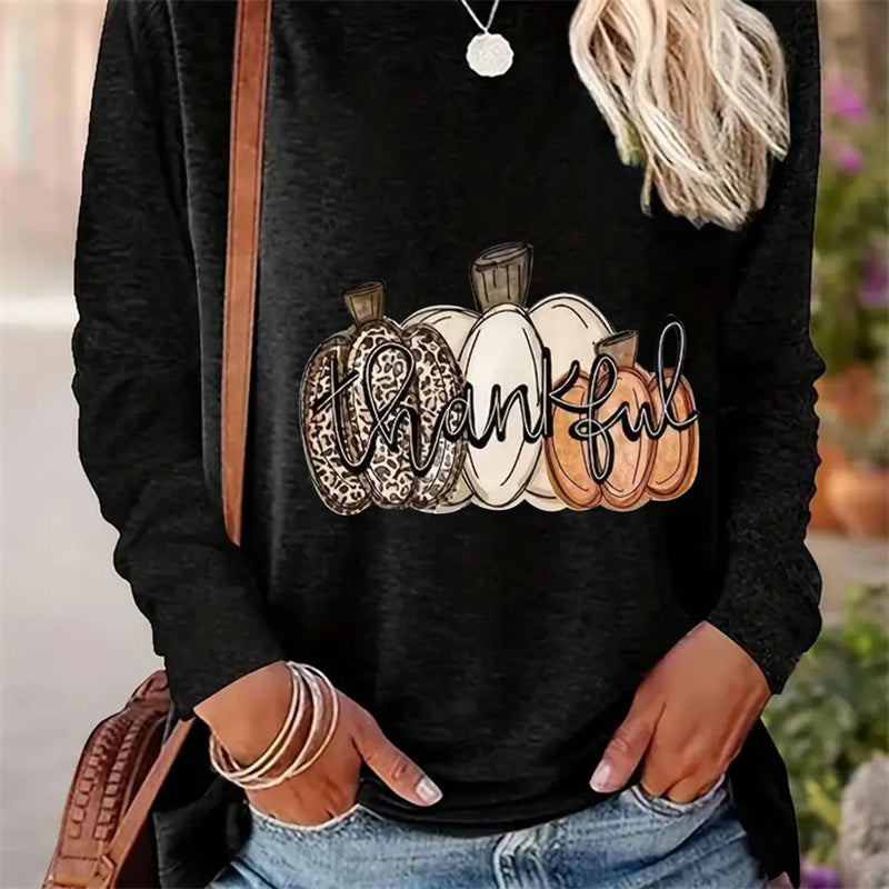 Casual Long Sleeve Round Neck T-shirt for Women with Simple Spring and Autumn Patterns