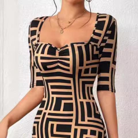 Geometric Print Elegant Mid-Length Dress with Square Collar and Half Sleeves