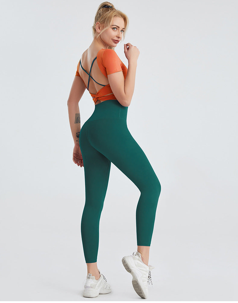 Nude Beauty Back Yoga Set with High-waist Leggings for Women