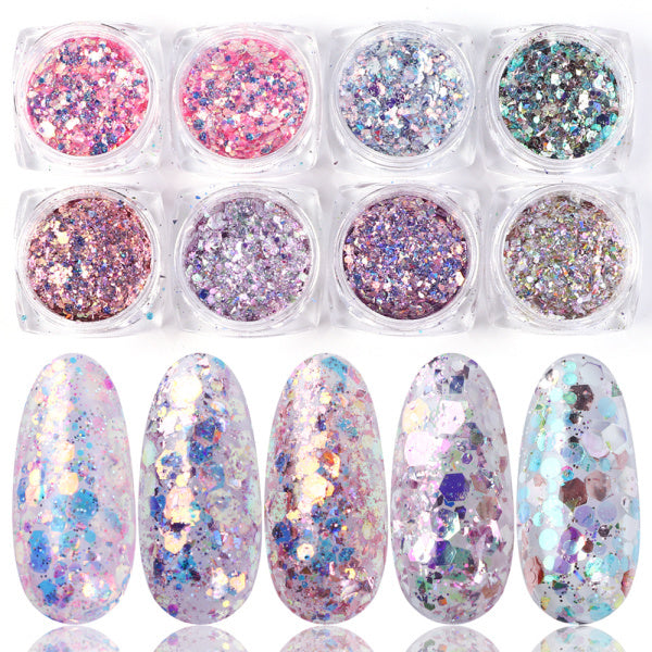 Holografisches Hexagon-Glitzer-Nagelkunst-Set mit 8 Farbtönen für atemberaubende Nageldesigns