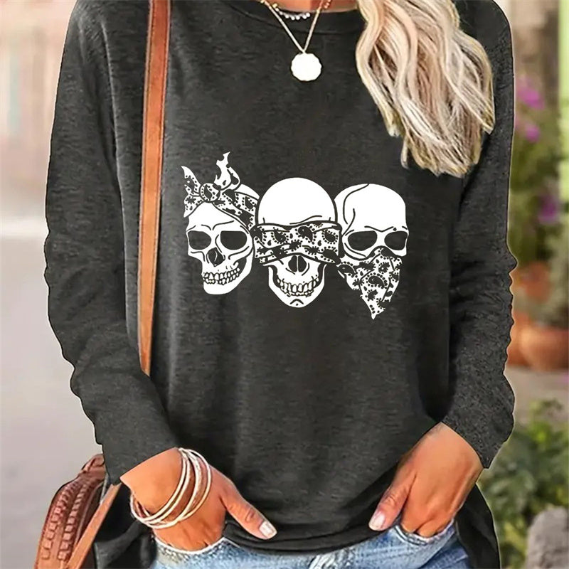 Casual Round Neck Long Sleeve T-shirt for Women with Simple Spring and Autumn Print