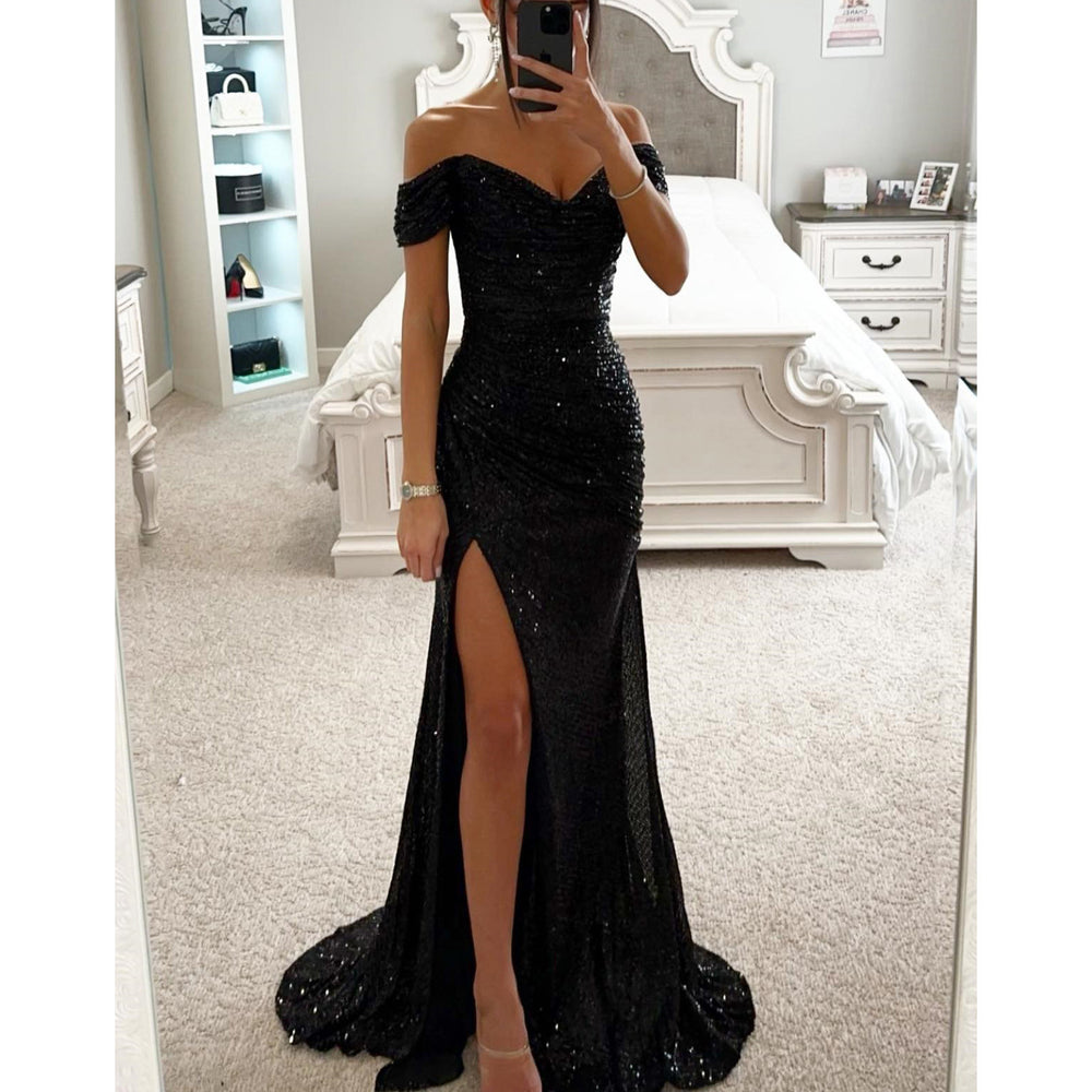 Shimmering Off-Shoulder Party Dress - Elegant Sequined Gown