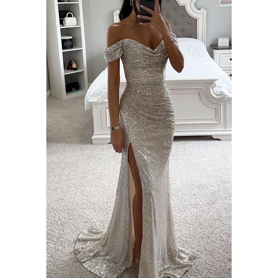 Shimmering Off-Shoulder Party Dress - Elegant Sequined Gown