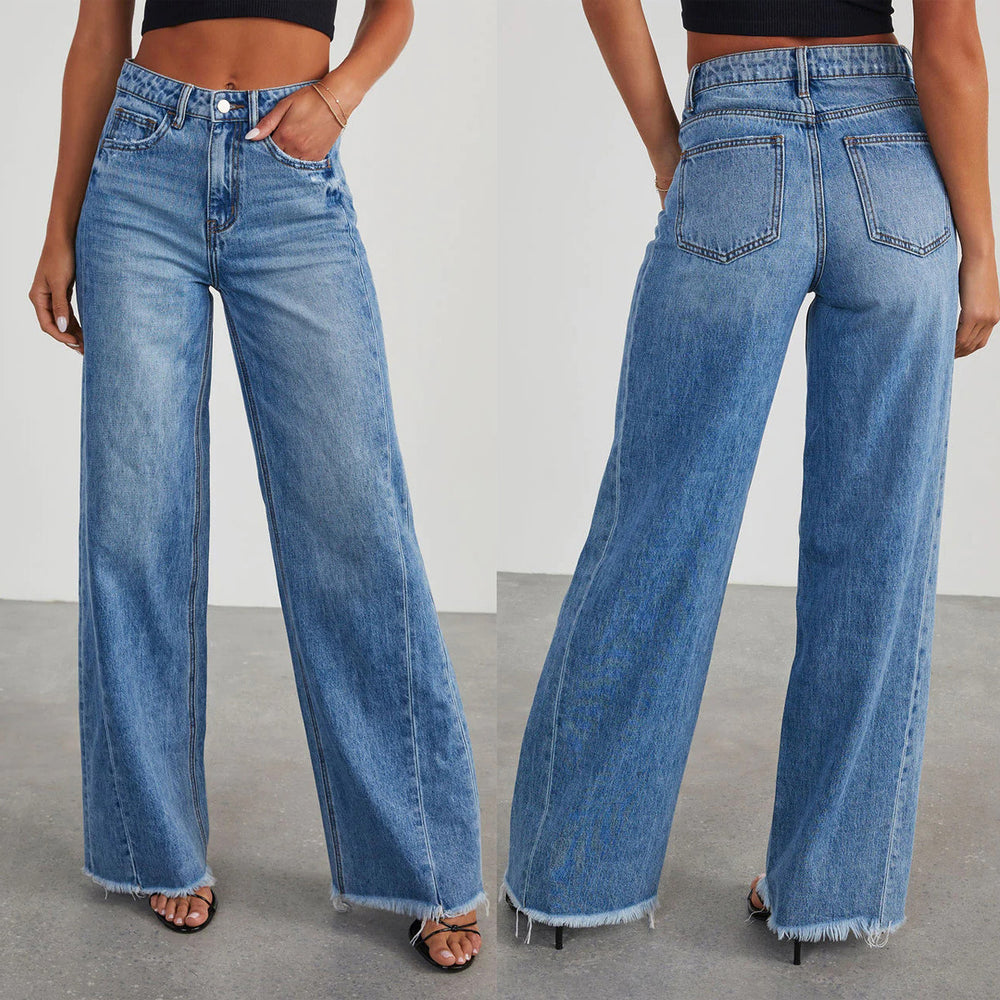 Women's Relaxed Fit Wide-Leg Denim Jeans with Frayed Hem and Side Stitching