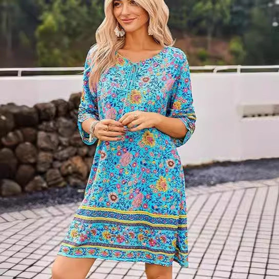 Floral A-Line Dress with Slit Hem and Tassel Accents