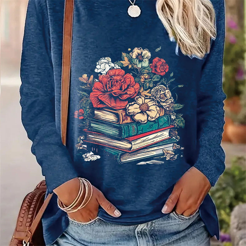 Casual Printed Round Neck Long Sleeve T-shirt for Women in Spring and Autumn