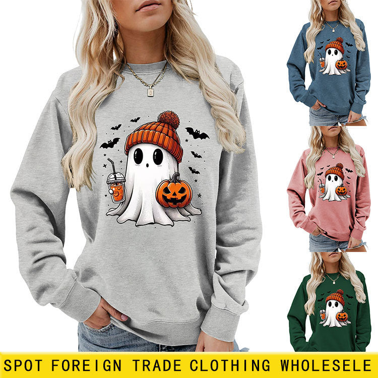 Cozy Long Sleeve Pumpkin Bat Print Crew Neck Sweatshirt in Multiple Colors