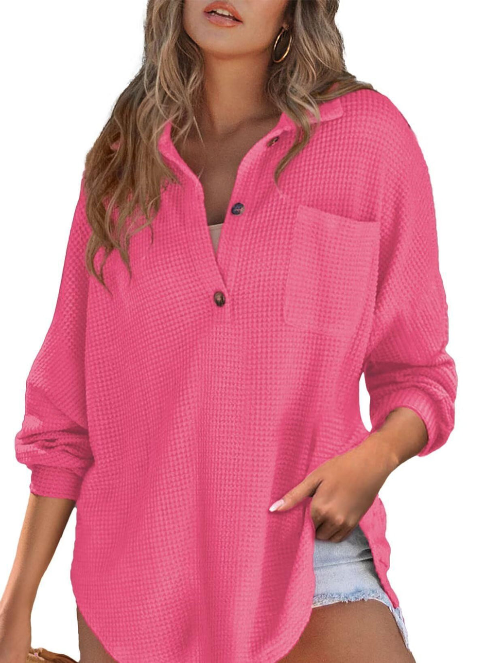 Cozy Women's Loose-Fit Waffle Knit Long Sleeve Pullover Top