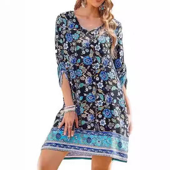 Floral A-Line Dress with Slit Hem and Tassel Accents