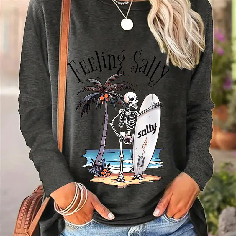 Casual Round Neck Long Sleeve T-shirt for Women with Simple Spring and Autumn Patterns