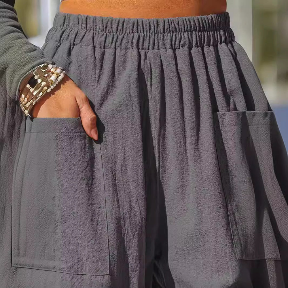 Pantaloni dritti casual da vacanza in cotone e lino da donna alla moda