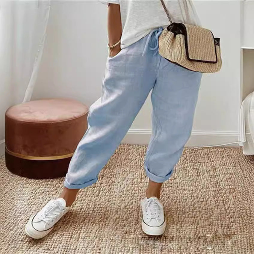 Cropped Light Blue Denim Elastic Waist Pants for Women