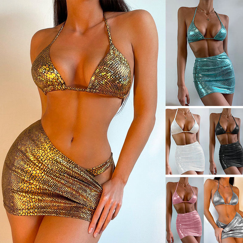 Bikini set 3 pezzi con stampa serpente sensuale e gonna copricostume