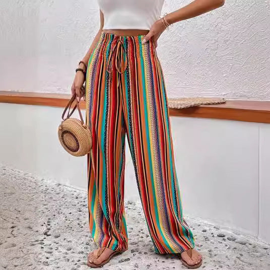 Multicolor Striped Casual Cropped Pants with Tied Elastic Waist for Women