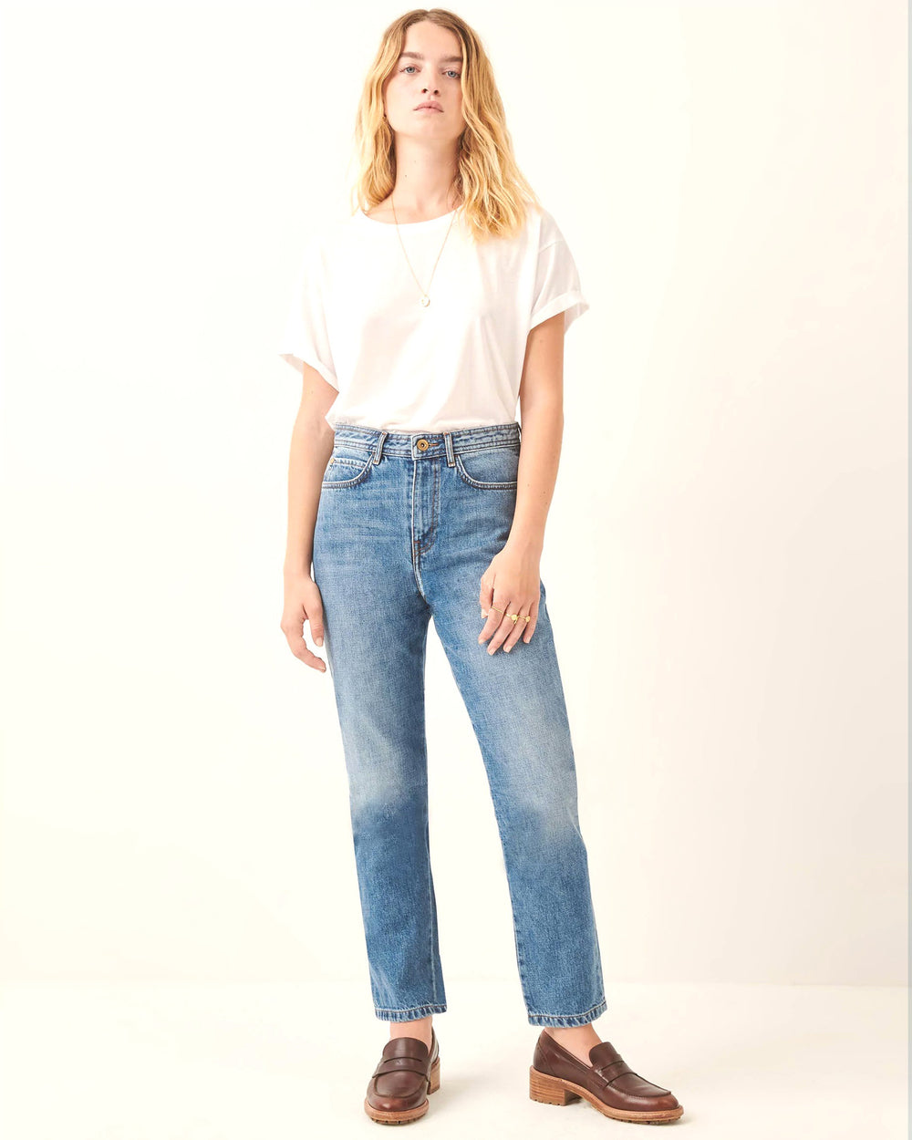 Blaue Slim-Fit-Jeans im Vintage-Chic-Stil für Damen mit geradem Bein