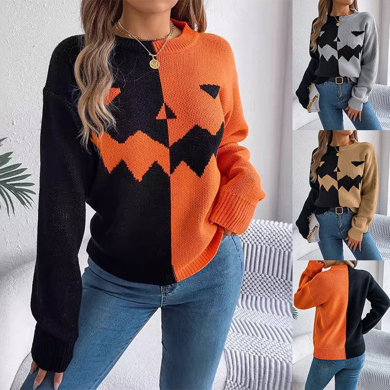 Halloween Ghost-Themed Contrast Pullover Sweater for Women - Stylish Long Sleeve Knitted Top