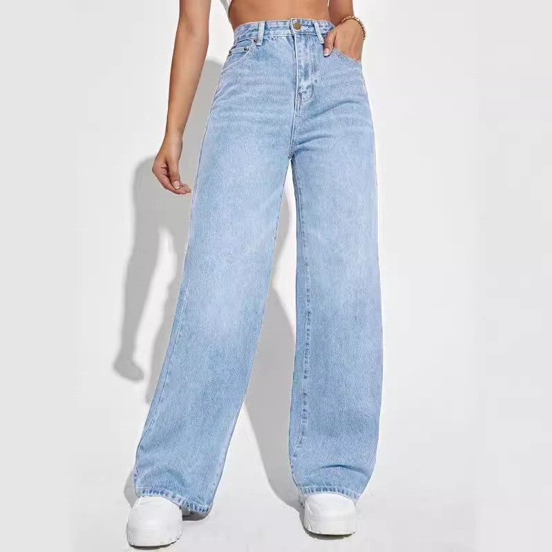 High-Waisted Slim Straight Jeans for Women - Light Blue Casual Style