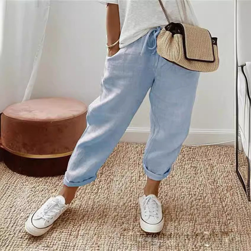 Cropped Light Blue Denim Elastic Waist Pants for Women