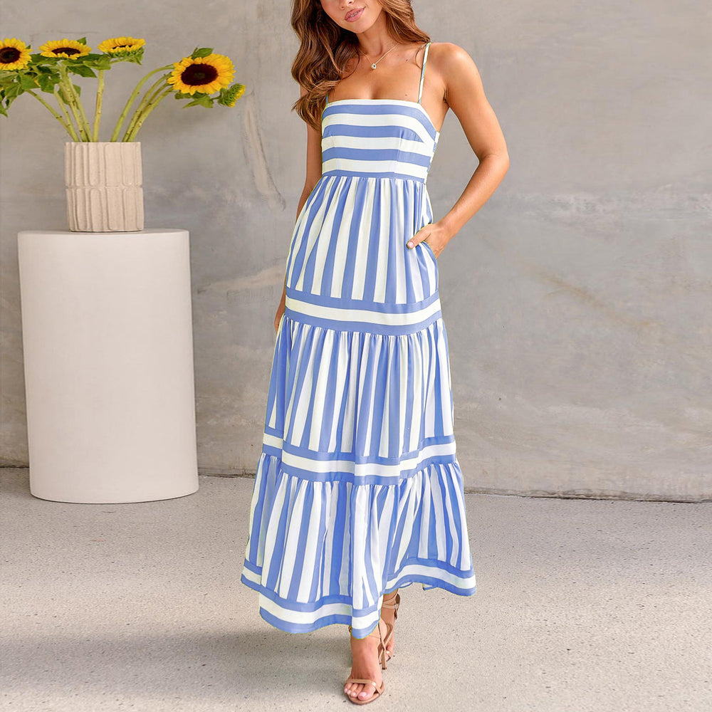 Chic Summer Striped Suspender Dress with Pockets - Stylish Backless Square Neck Dress for Women’s Beach Vacations